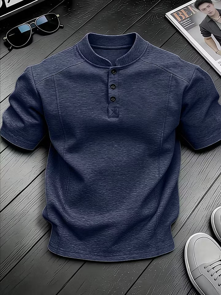 Men's Stand-up Collar Button-down Design Casual Short-sleeved Henley Shirt