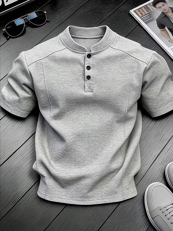Men's Stand-up Collar Button-down Design Casual Short-sleeved Henley Shirt