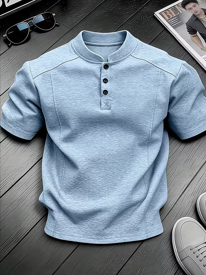 Men's Stand-up Collar Button-down Design Casual Short-sleeved Henley Shirt