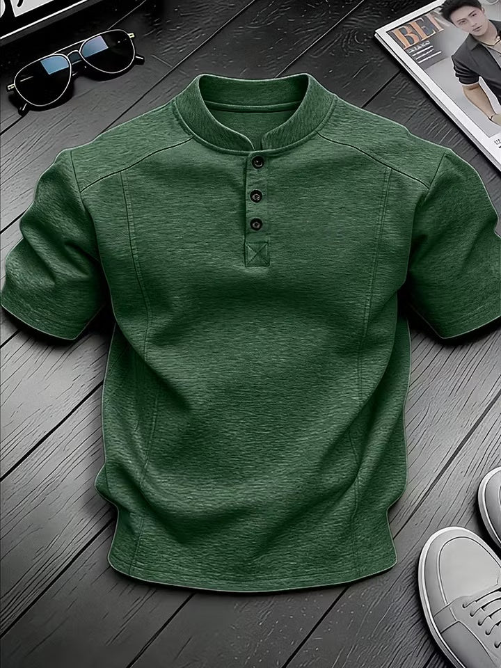 Men's Stand-up Collar Button-down Design Casual Short-sleeved Henley Shirt