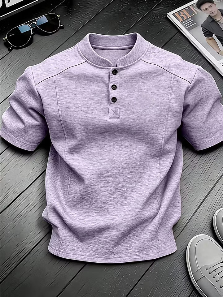 Men's Stand-up Collar Button-down Design Casual Short-sleeved Henley Shirt
