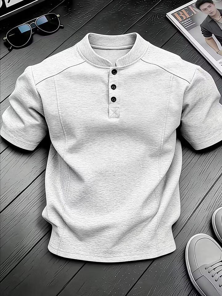 Men's Stand-up Collar Button-down Design Casual Short-sleeved Henley Shirt