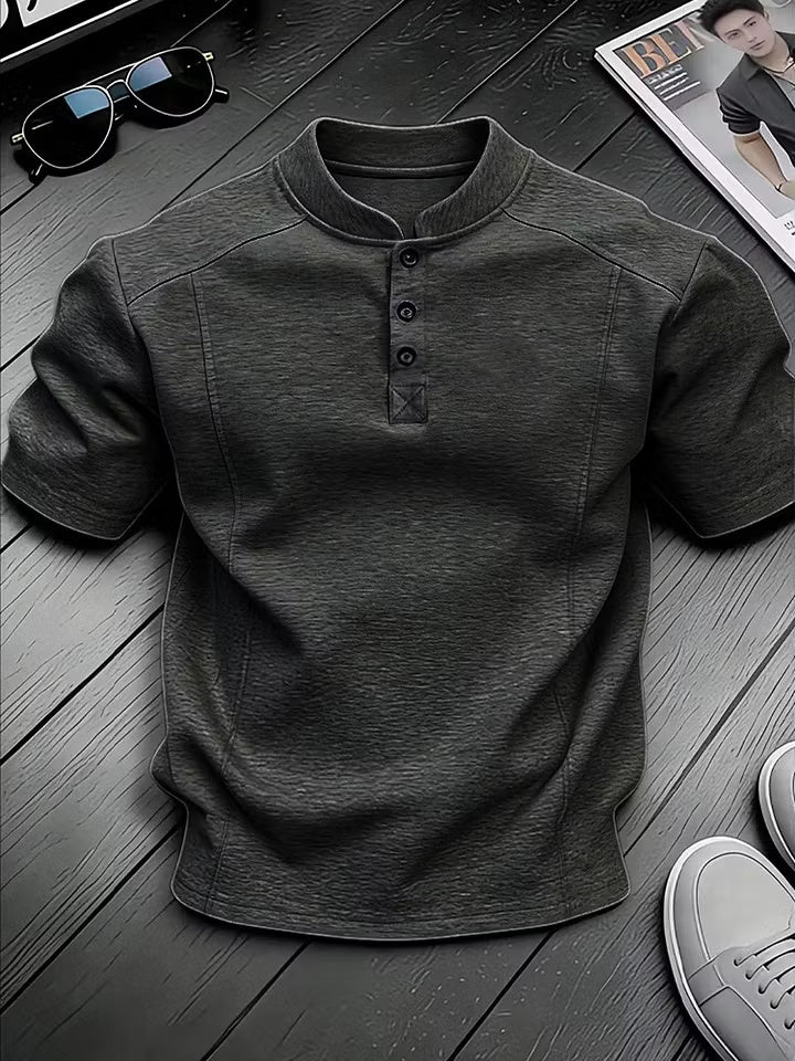 Men's Stand-up Collar Button-down Design Casual Short-sleeved Henley Shirt