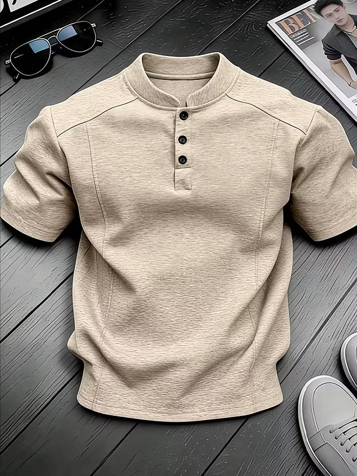 Men's Stand-up Collar Button-down Design Casual Short-sleeved Henley Shirt