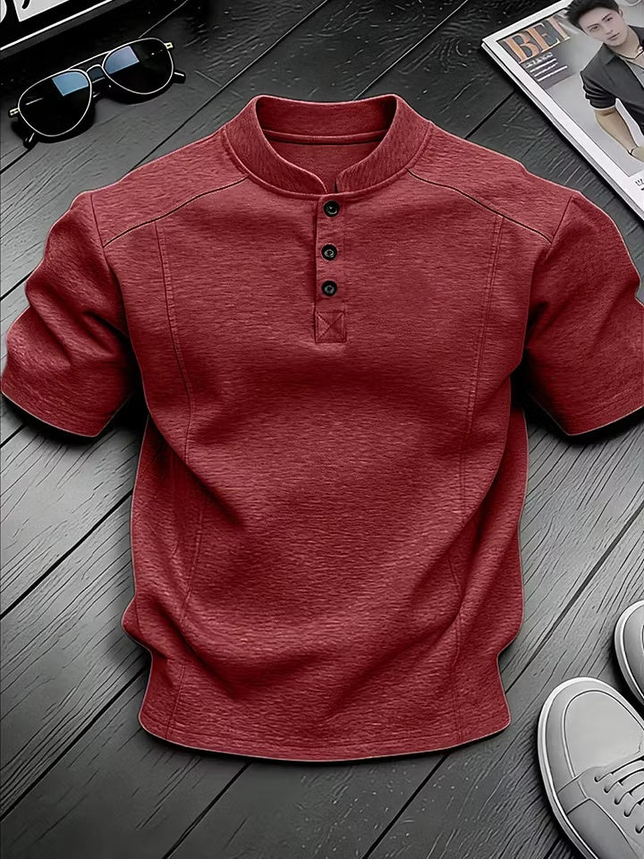 Men's Stand-up Collar Button-down Design Casual Short-sleeved Henley Shirt